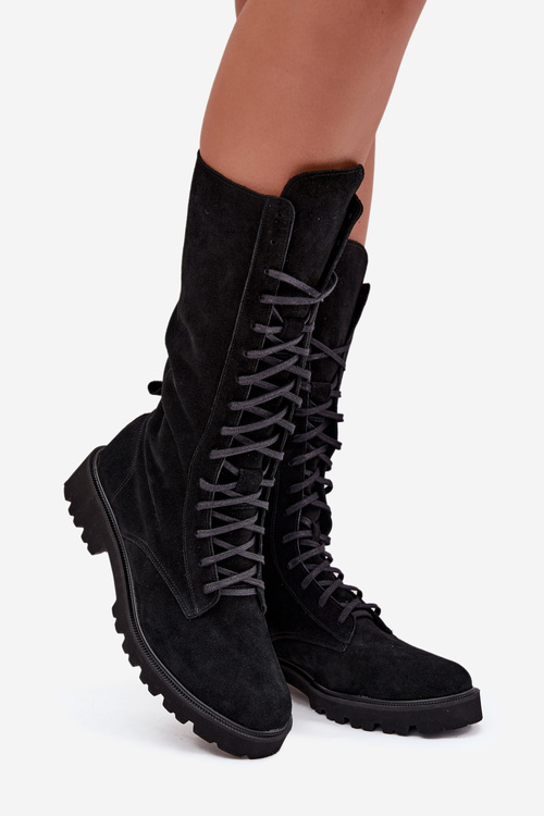 Semišové kotníkové boty se šněrováním do půli lýtka Zazoo 3103 Černé