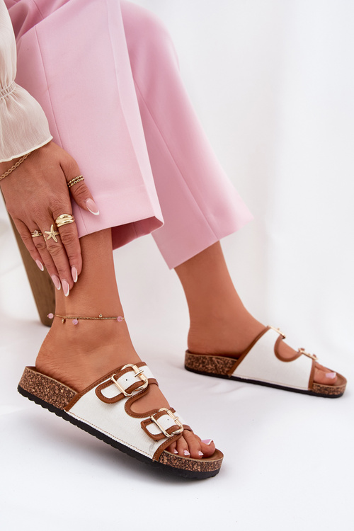 Dámské Plátěné Pantofle Na Korkové Platformě S Přezkami Bílé Osoffe