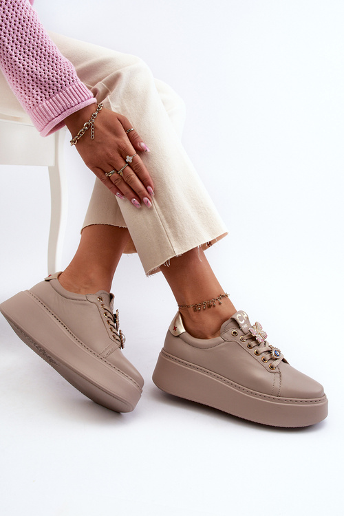 Dámske kožené tenisky s ozdobami CheBello 4292 béžové