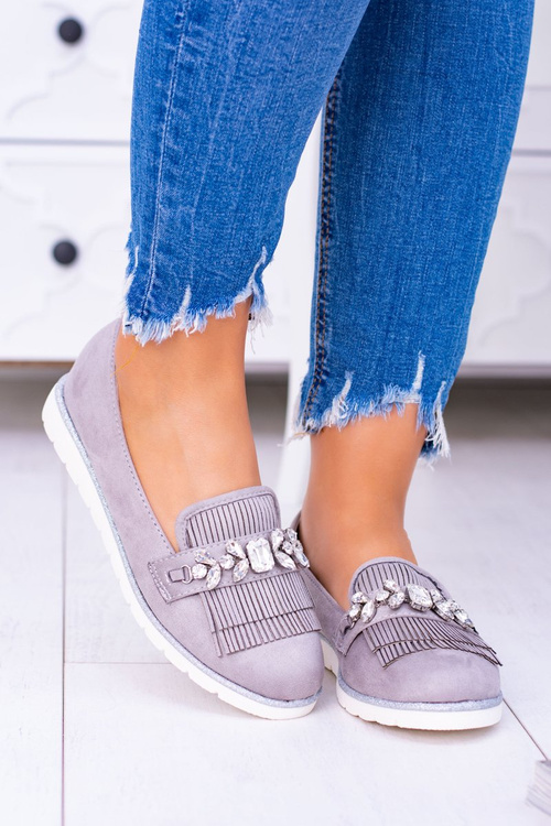 Šedé semišové mokasíny s kryštálmi Vivaro