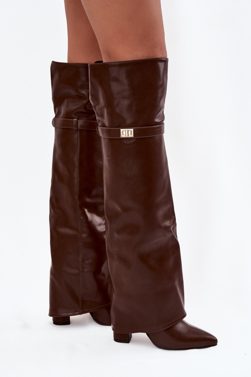 Zateplené čižmy s preklopeným horným dielom nad kolenom podpätok blok hnedé Serelle