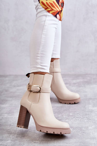 kožené kozačky na sloupku s ozdobným páskem béžové Maresol