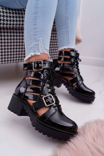 Dámské Kotníkové Boty Na Podpatku Jarní Lakované Černé Single