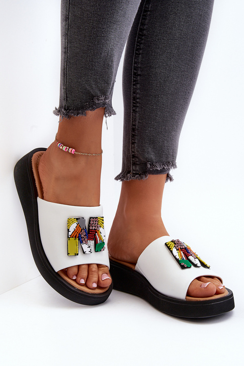 Dámska kožená platforma Flip -flops s dekoráciou béžová monroe