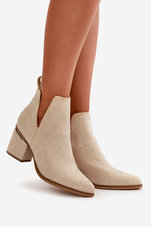 Ozdobené dámské botky na podpatku se špičatými špičkami béžové Fararia