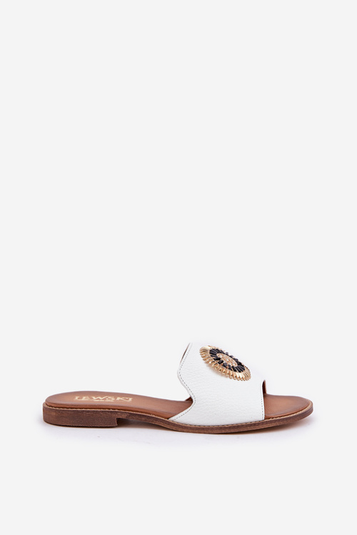 Kožené Šľapky S Dekoráciou Na Ploškom Opätku Biele Lewski 3047/O