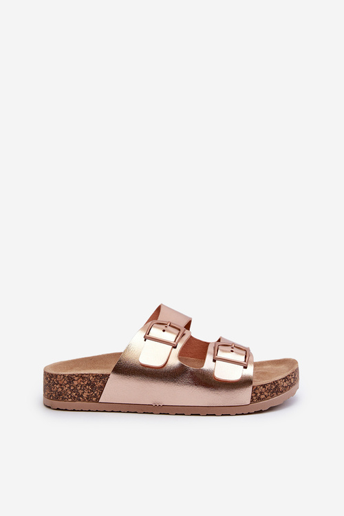 Dámske papuče na korkovej platforme so zlatými sponami