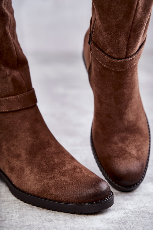 Dámské semišové kozačky na plochém podpatku Hnědé Henrike