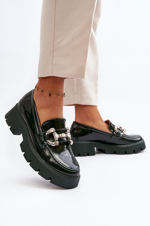 Dámské lakované mokasíny s ozdobou tmavě zelené Arsaba