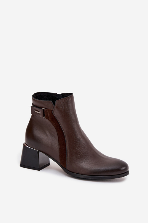 Kožené dámské kotníkové boty na podpatku s podšívkou Zazoo 60563 čokoládové