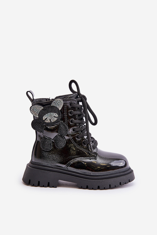 Zateplené dívčí botky s medvídkem na zip lakované černé Relobia