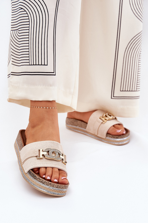 Dámské Pantofle Se Zlatým Detailem Na Platformě S Leskem Béžové Eanes