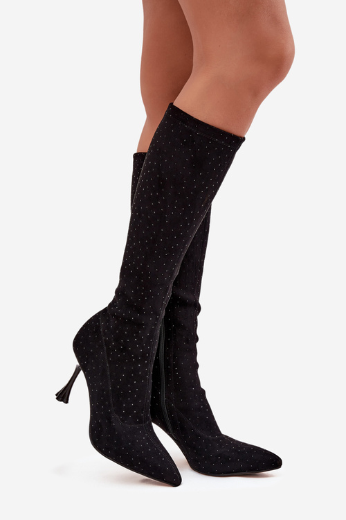 Dámske čižmy na podpätku s ozdobou D&A JC52-883 Čierne