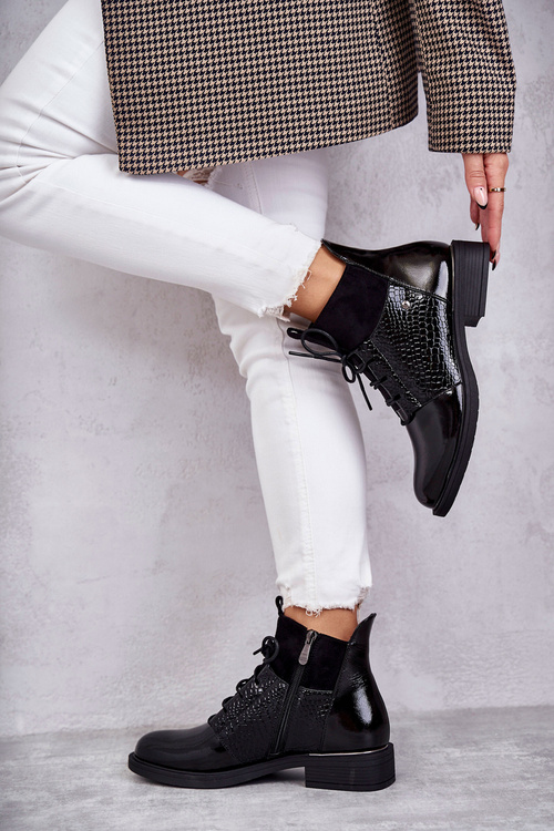 Lakované teplé šněrované boty černé Cathrine