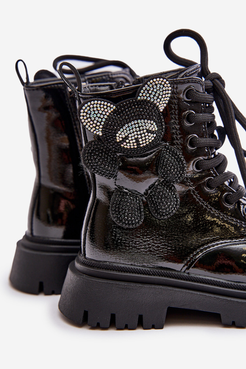 Zateplené dívčí botky s medvídkem na zip lakované černé Relobia