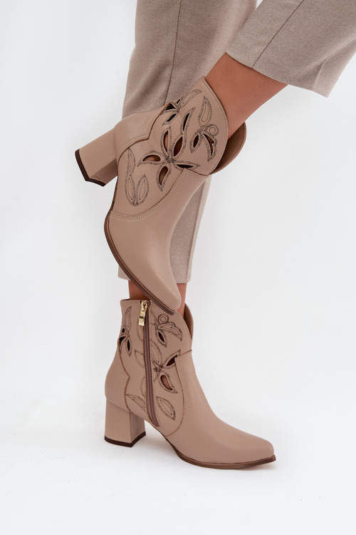 Kožené dámenské vzorované boty na podpatku Zazoo 3647 světle béžové