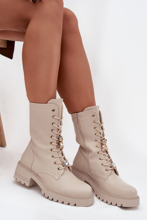 Dámske Workery Čižmy S Prackami Medveď Srdce Béžové Iravine