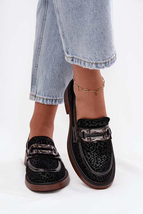 Semišové dámske mokasíny s ozdobou D&A MR52-176 Čierne