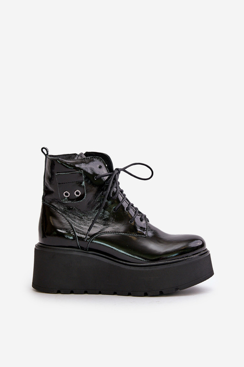 Zazoo 60499 Lakované Dámske Čižmy Na Platforme A Opätku Zateplené Prírodná Koža Tmavozelená