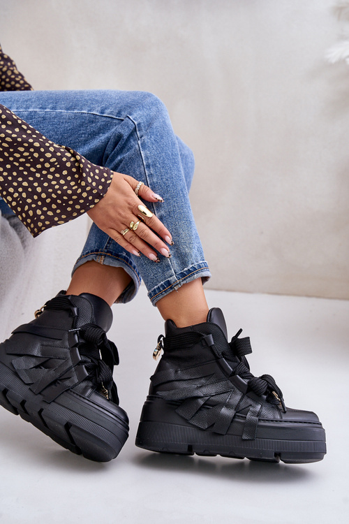 Kožené Dámské Sneakersy Na Masivní Platformě CheBello 4561 Černé