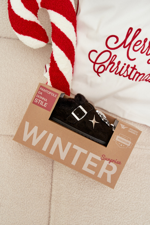 Dámské pantofle s ozdobami a sponou vyhřívané kožešinou černé Thalora