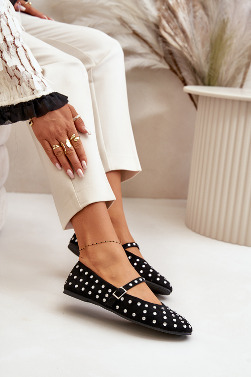 Zdobené baleríny s páskem eko zamšové černé Tirilissa