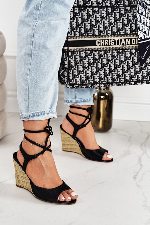 Kožené sandále na pletenom klinoch Laura Messi 1944 čierna