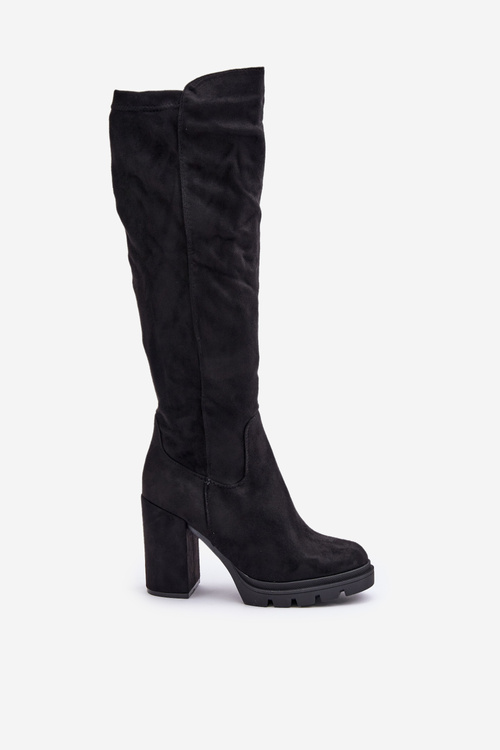 Zateplené dámske čižmy na podpätku eko zamšové čierne Tirisha