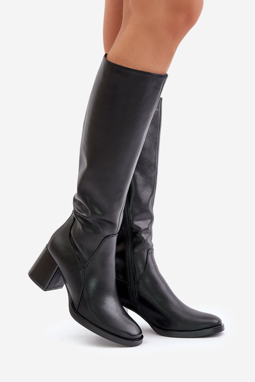 Kožené Boty Na Podpatku Před Kolenem Zateplené Sergio Leone KZ231-S Černé