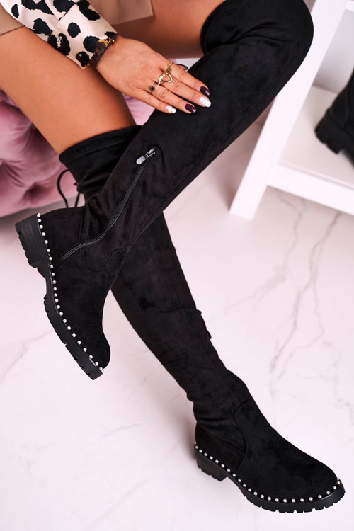 Kozáky cez koleno s perlami, semišová čierna Isabel