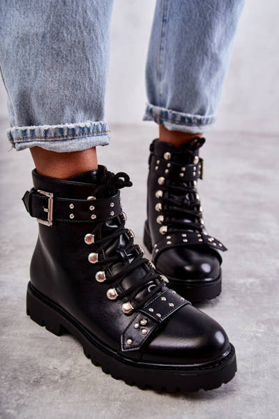 kožené boty s ozdobným páskem Černé Sabine