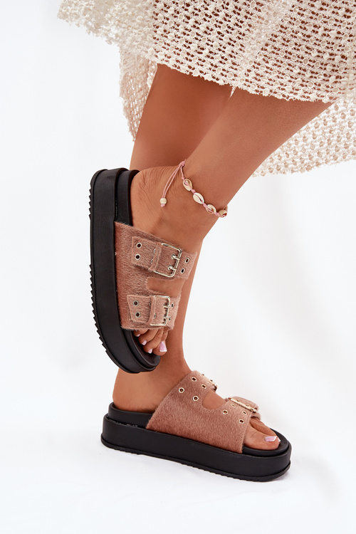 Dámské Pantofle Se Zlatými Přezkami Na Platformě Béžové Virvania