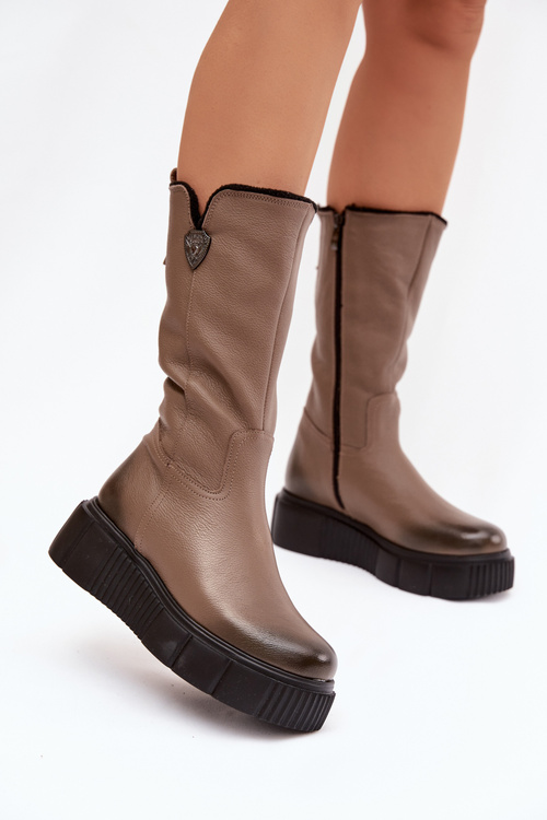 Zazoo 70121 Kožené Dámske Čižmy S Vlnenou Tmavobéžové