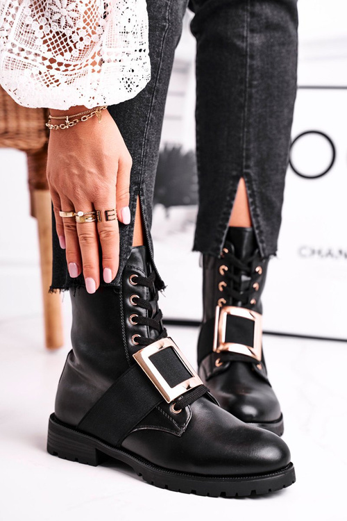 Dámské Kotníkové Boty Se Zlatou Sponou Černé Happy Su