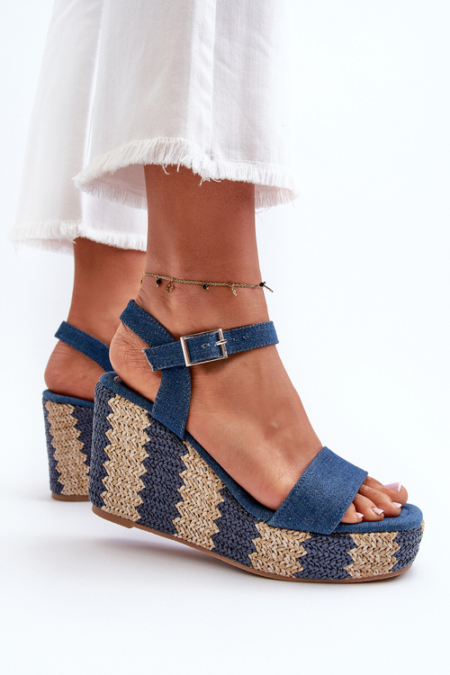 Dámské džínové sandály na klínku s proužkem modré Reviala