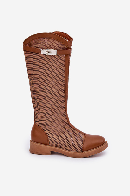 Síťované Kozačky Na Plochém Podpatku Do Poloviny Lýtka Hnědé Asgerda