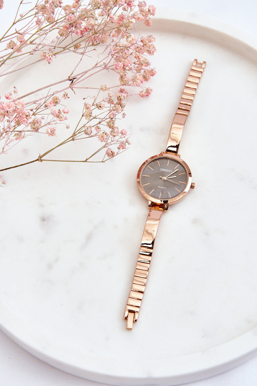 Hodinky s černým ciferníkem na náramku ERNEST Růžové Zlato