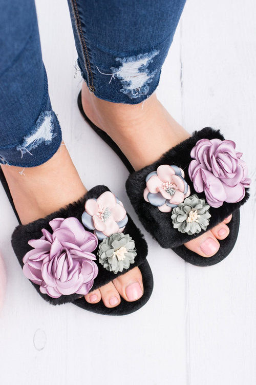 Černé Dámské nazouváky s květinami Lu Boo Bouqet