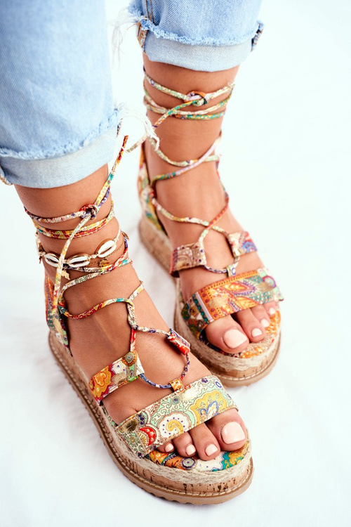 Dámske sandále na korkovej platforme zviazané oranžové mi