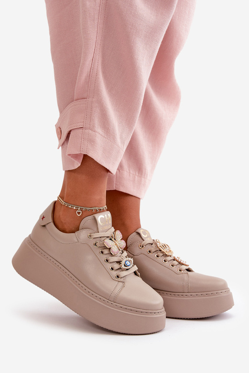 Dámské kožené tenisky s ozdobami CheBello 4292 béžové