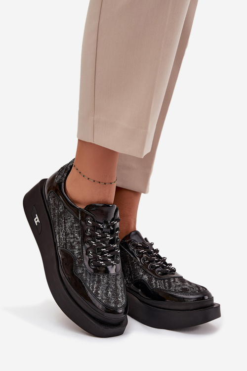 Kožené šněrovací dámské polobotky na platformě Artiker 57C2043 Černo-stříbrné