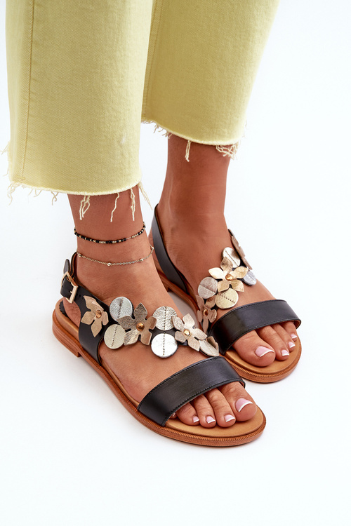 Dámské kožené sandály zdobené květinami Laura Messi 2762 černé