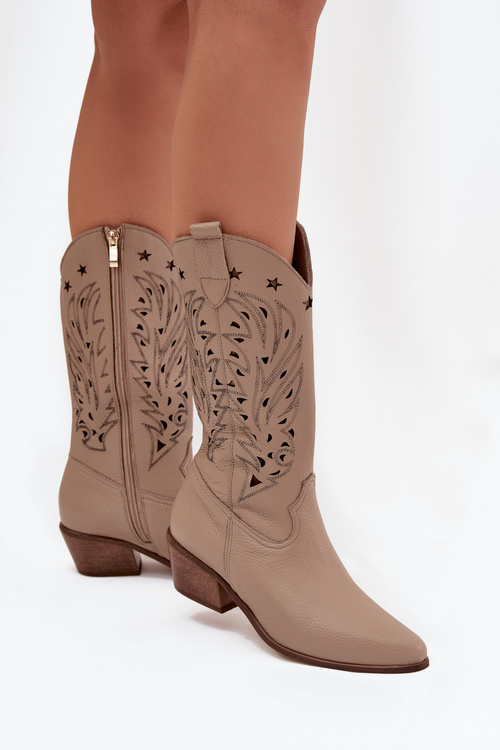 Kožené Kozačky S Vzorkovaným Svrškem Tmavě Béžové Zazoo 3714