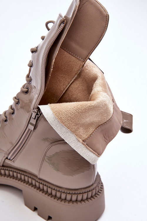 Dámské lakované pracovní boty s tkanicí tmavě béžové SBarski MR870-72