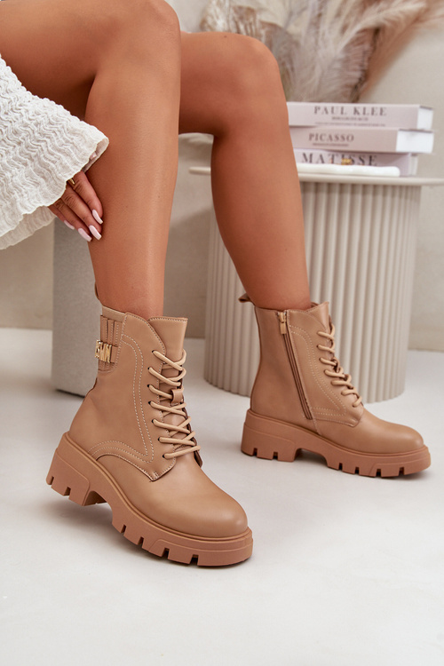 Dámske pracovné čižmy na zips šnurované z eko kože béžové Naolani
