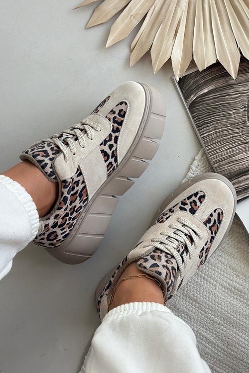 Semišové zateplené dámské tenisky na masivní platformě Vinceza 66841 Leopardo béžové