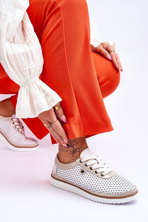 Módne kožené otvorené športové topánky Biele a zlaté cantare