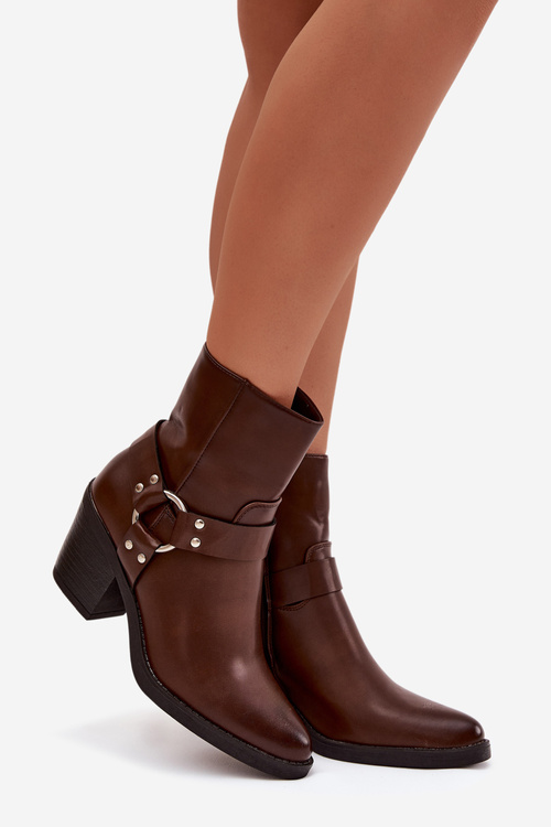 Zateplené dámské kotníkové boty na podpatku s ozdobným prvkem hnědé Jurelle