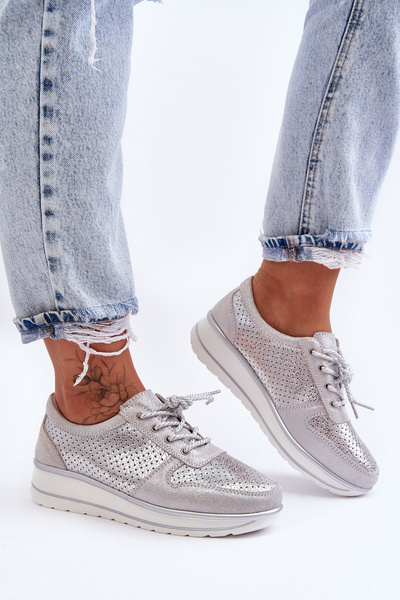 Kožené sportovní boty s perforací S.Barski AL22246 stříbrné