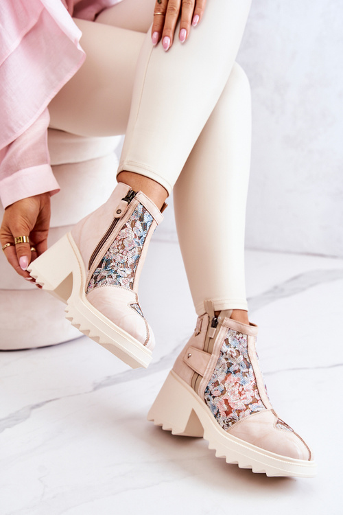 Kožené topánky na masívnom post Maciejka Beige 05325-04